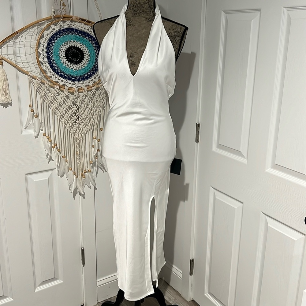 Lulus satin white halter dress , back zip and button top-NWT
